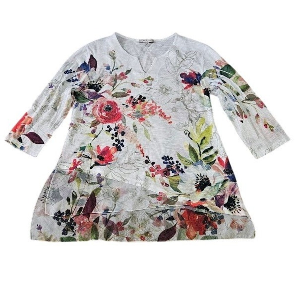 Jess & Jane Floral Rhinestone Tunic Top Women Medium Artsy White Multicolor